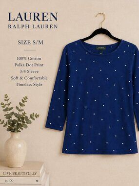 Lauren Ralph Lauren Blue White Polka Dot Knit Top Coastal Chic French Riviera M